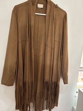 Chico's Brown Fringe Open Front Suede-Look Duster